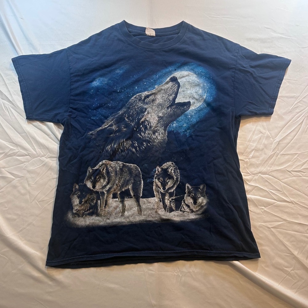 Vintage Howling Wolf Pack Moon Navy Blue Graphic T-Shirt Mens Large L